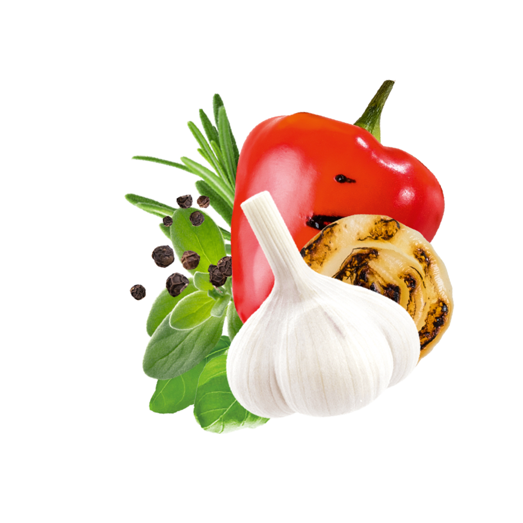 Paprika, Knoblauch, gegrillte Zwiebel, Rosmarin und Majoran